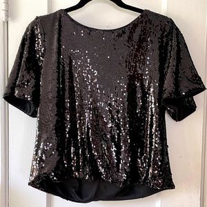Boxy Fit Black Sequin Blouse with Bow